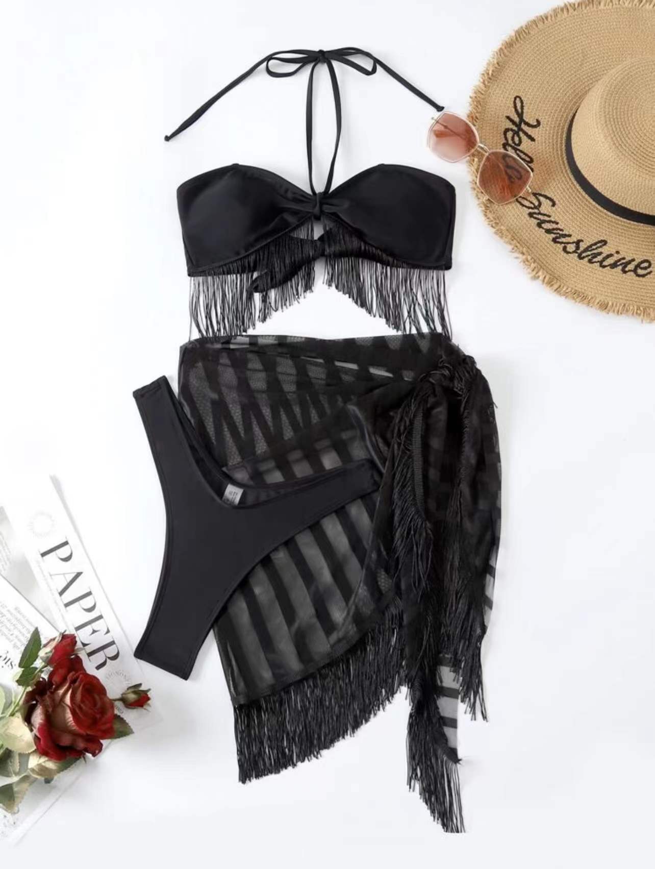 Y2K Fringe Tube Top Mesh Bikini Set - Coquette Aesthetic Swimwear Y2K Fringe Tube Top Mesh Bikini Set - Coquette Aesthetic Swimwear