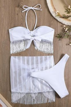Y2K Fringe Tube Top Mesh Bikini Set - Coquette Aesthetic Swimwear