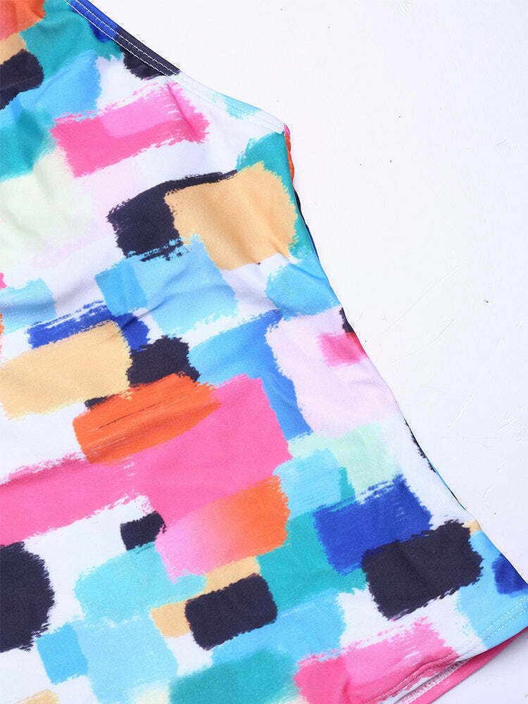 Y2K Geometric Halter Tankini - Coquette Aesthetic, Grunge Style, Pastel Goth, Cute Tops