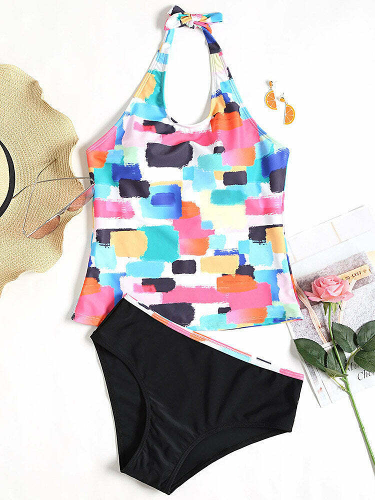 Y2K Geometric Halter Tankini - Coquette Aesthetic, Grunge Style, Pastel Goth, Cute Tops