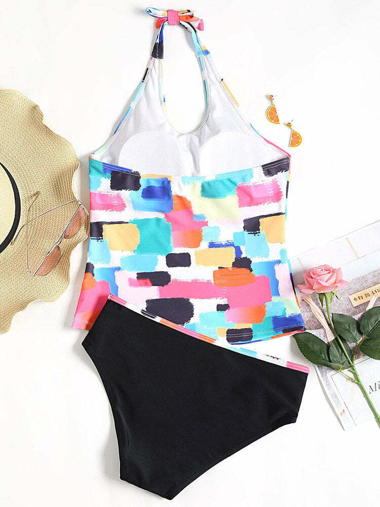 Y2K Geometric Halter Tankini - Coquette Aesthetic, Grunge Style, Pastel Goth, Cute Tops
