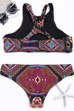 Y2K Geometric Print High Neck Cut Out Bikini Set - Retro Aesthetic Swimwear for Women