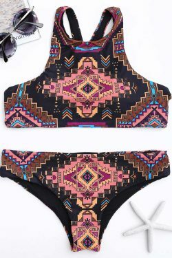 Y2K Geometric Print High Neck Cut Out Bikini Set - Retro Aesthetic Swimwear for Women