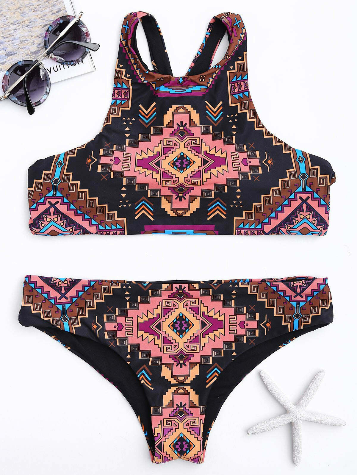 Y2K Geometric Print High Neck Cut Out Bikini Set - Retro Aesthetic Swimwear for Women Y2K Geometric Print High Neck Cut Out Bikini Set - Retro Aesthetic Swimwear for Women