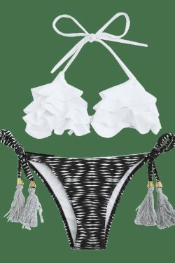 Y2K Geometric Print Ruffles Bikini Set - Coquette Aesthetic Swimwear