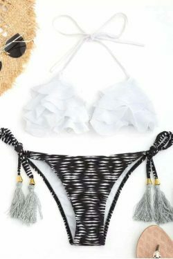 Y2K Geometric Print Ruffles Bikini Set - Coquette Aesthetic Swimwear