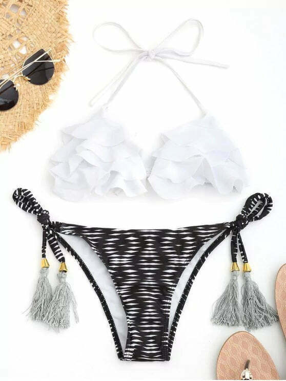 Y2K Geometric Print Ruffles Bikini Set - Coquette Aesthetic Swimwear Y2K Geometric Print Ruffles Bikini Set - Coquette Aesthetic Swimwear