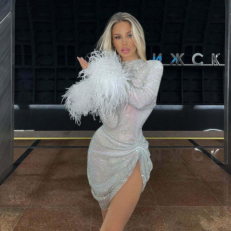 Y2K Glitter Long Sleeve Sexy Slit Dress - Coquette Aesthetic Fashion for Women
