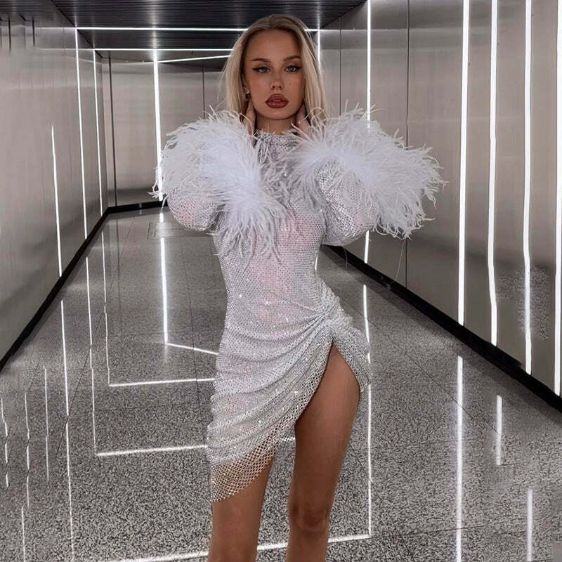 Y2K Glitter Long Sleeve Sexy Slit Dress - Coquette Aesthetic Fashion for Women