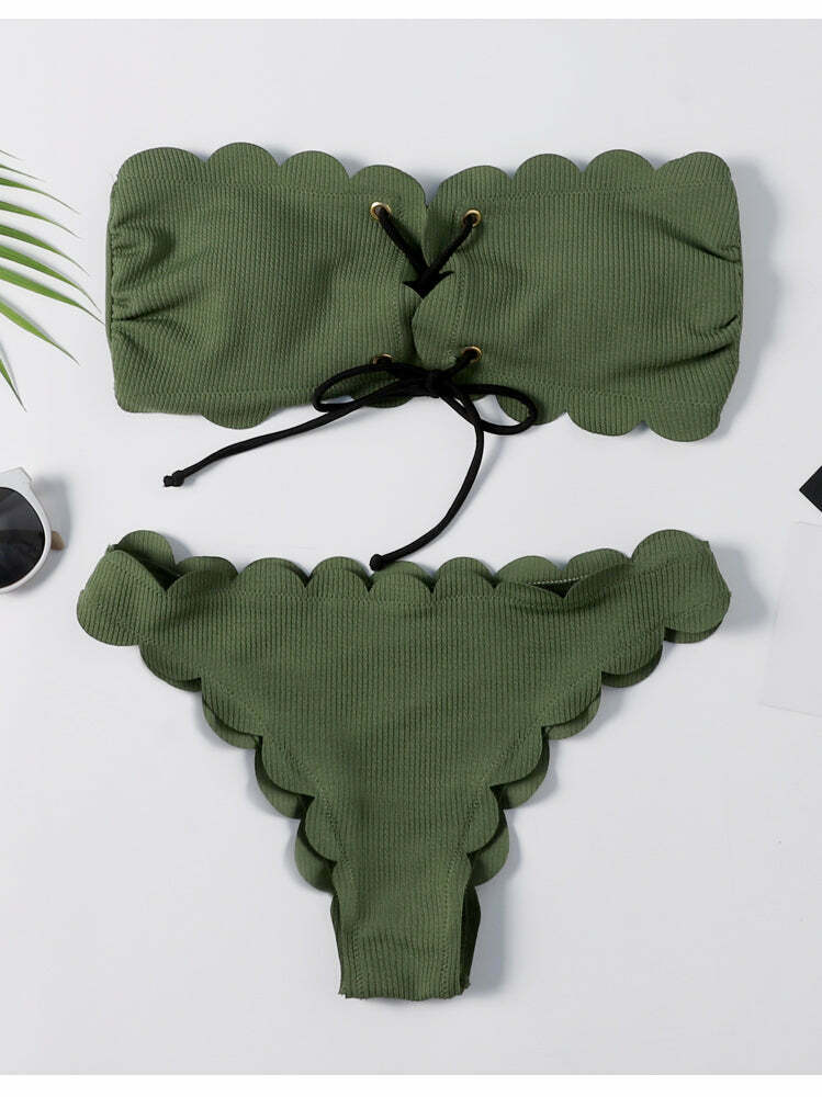 Y2K Green Bandeau Bikini Set with Lace-Up Detail - Coquette Aesthetic Swimwear for Women Y2K Green Bandeau Bikini Set with Lace-Up Detail - Coquette Aesthetic Swimwear for Women