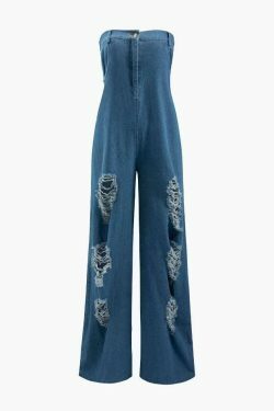 Y2K Grunge Destroyed Denim Strapless Jumpsuit
