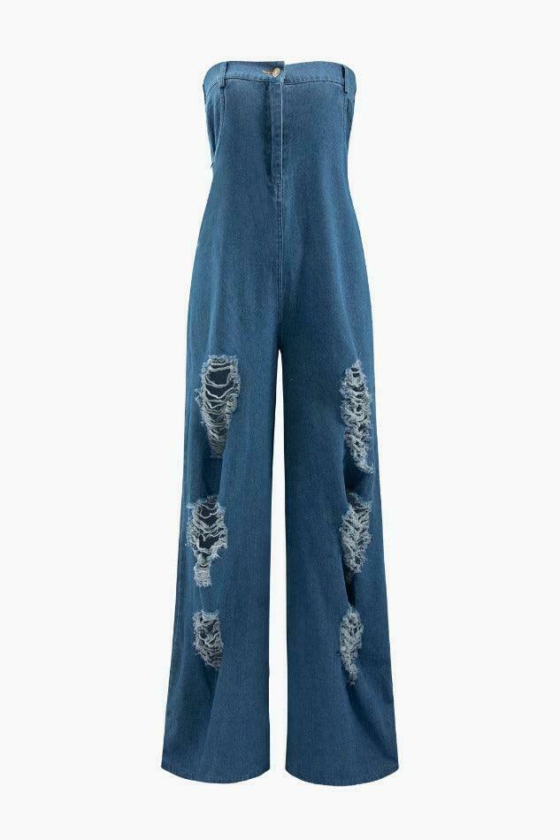 Y2K Grunge Destroyed Denim Strapless Jumpsuit Y2K Grunge Destroyed Denim Strapless Jumpsuit