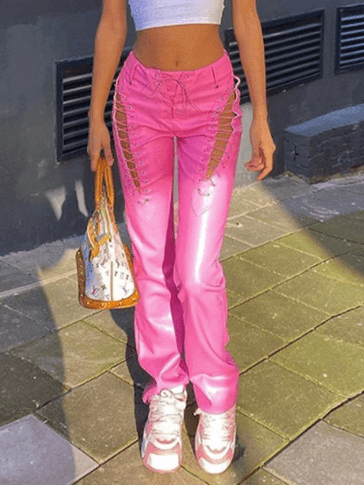 Y2K Grunge Style Cut-Out Lace Up Leather Pants for Women - Coquette Aesthetic Fashion