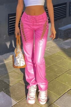 Y2K Grunge Style Cut-Out Lace Up Leather Pants for Women - Coquette Aesthetic Fashion