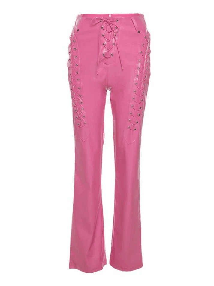 Y2K Grunge Style Cut-Out Lace Up Leather Pants for Women - Coquette Aesthetic Fashion
