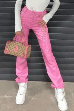 Y2K Grunge Style Cut-Out Lace Up Leather Pants for Women - Coquette Aesthetic Fashion