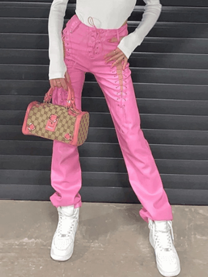 Y2K Grunge Style Cut-Out Lace Up Leather Pants for Women - Coquette Aesthetic Fashion