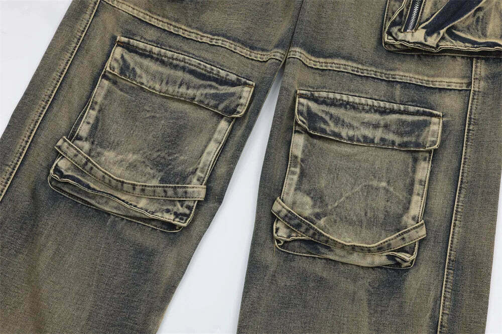 Y2K Grunge Style Dirty Wash Cargo Jeans with Multiple Pockets Y2K Grunge Style Dirty Wash Cargo Jeans with Multiple Pockets