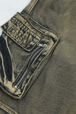 Y2K Grunge Style Dirty Wash Cargo Jeans with Multiple Pockets