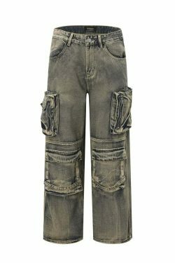 Y2K Grunge Style Dirty Wash Cargo Jeans with Multiple Pockets
