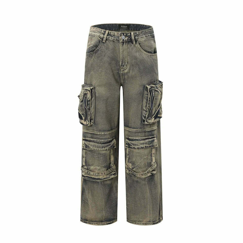 Y2K Grunge Style Dirty Wash Cargo Jeans with Multiple Pockets Y2K Grunge Style Dirty Wash Cargo Jeans with Multiple Pockets