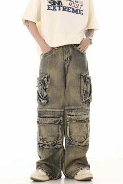Y2K Grunge Style Dirty Wash Cargo Jeans with Multiple Pockets