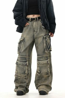 Y2K Grunge Style Dirty Wash Cargo Jeans with Multiple Pockets