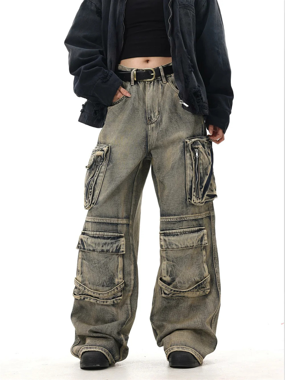 Y2K Grunge Style Dirty Wash Cargo Jeans with Multiple Pockets Y2K Grunge Style Dirty Wash Cargo Jeans with Multiple Pockets