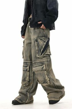 Y2K Grunge Style Dirty Wash Cargo Jeans with Multiple Pockets