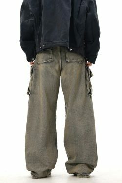 Y2K Grunge Style Dirty Wash Cargo Jeans with Multiple Pockets