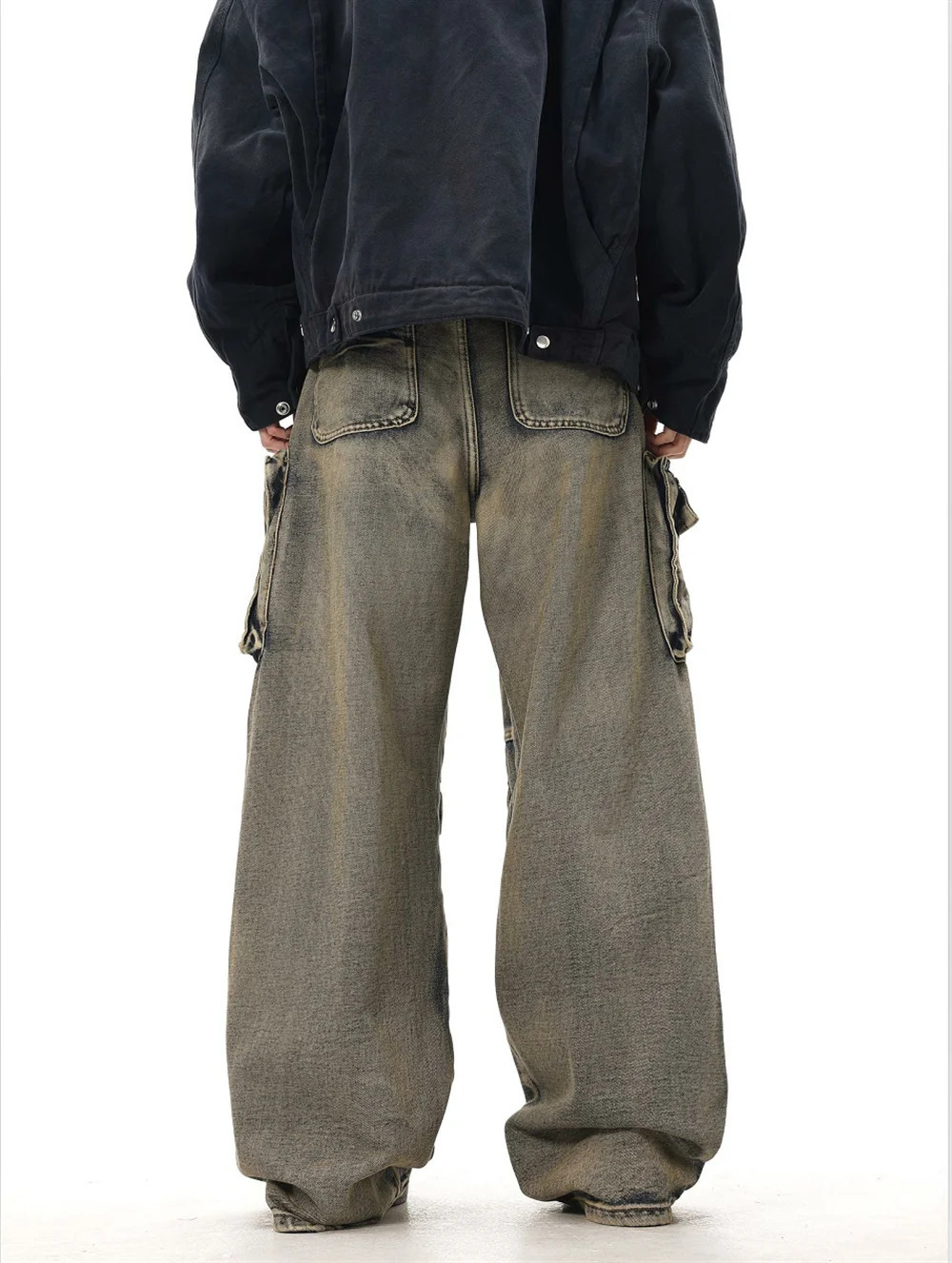 Y2K Grunge Style Dirty Wash Cargo Jeans with Multiple Pockets Y2K Grunge Style Dirty Wash Cargo Jeans with Multiple Pockets