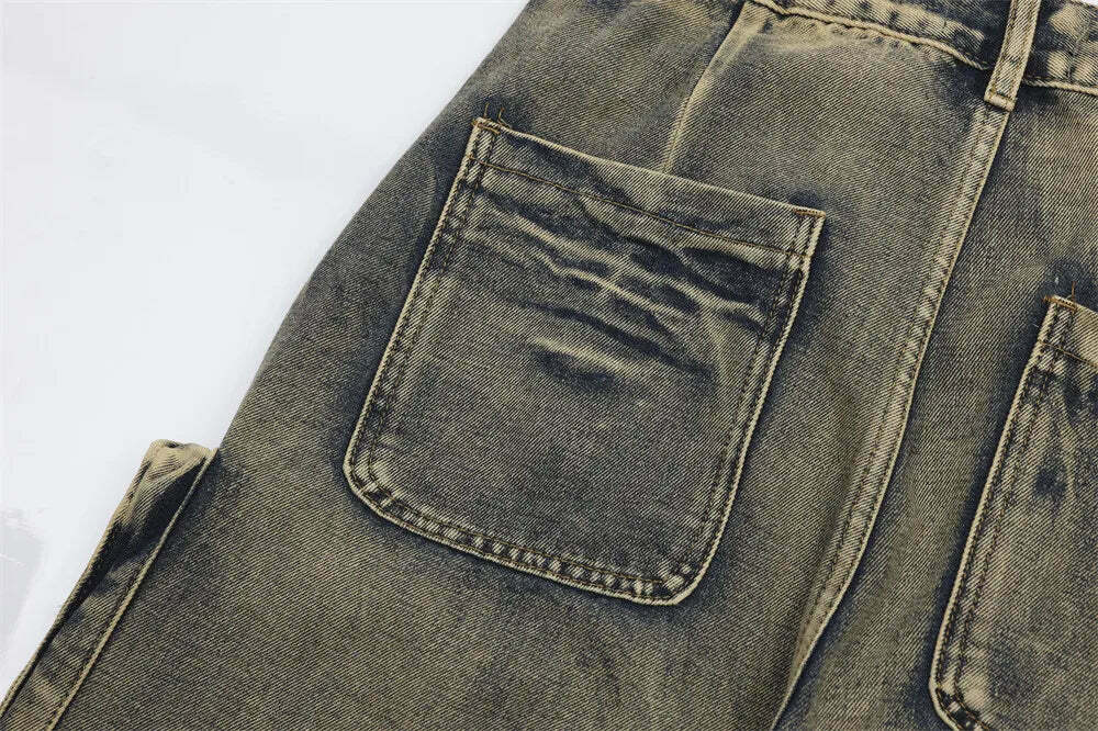 Y2K Grunge Style Dirty Wash Cargo Jeans with Multiple Pockets Y2K Grunge Style Dirty Wash Cargo Jeans with Multiple Pockets