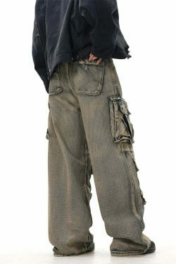 Y2K Grunge Style Dirty Wash Cargo Jeans with Multiple Pockets