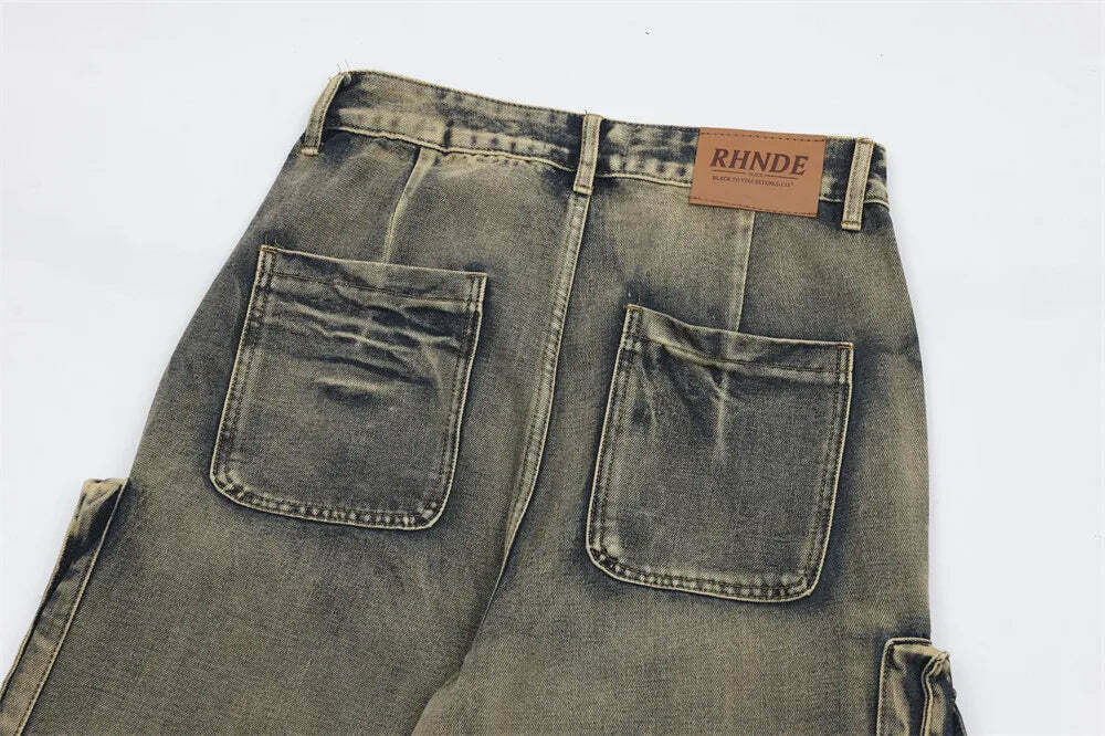 Y2K Grunge Style Dirty Wash Cargo Jeans with Multiple Pockets Y2K Grunge Style Dirty Wash Cargo Jeans with Multiple Pockets