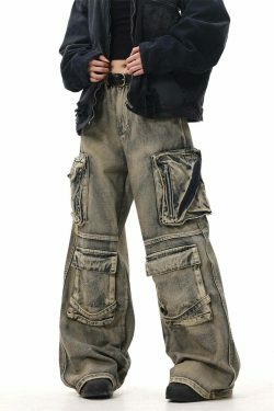 Y2K Grunge Style Dirty Wash Cargo Jeans with Multiple Pockets