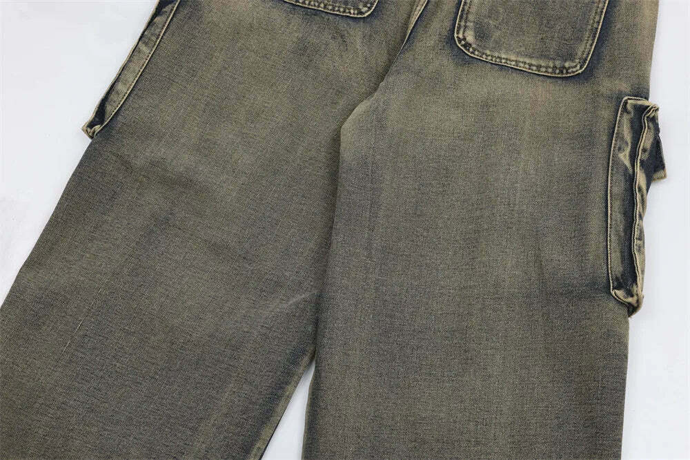 Y2K Grunge Style Dirty Wash Cargo Jeans with Multiple Pockets Y2K Grunge Style Dirty Wash Cargo Jeans with Multiple Pockets