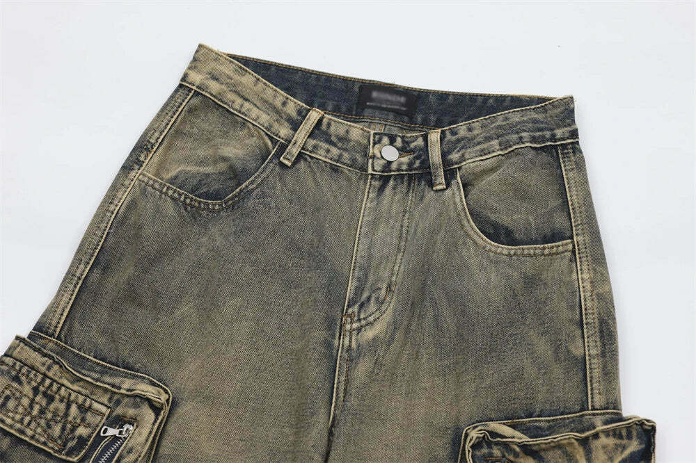 Y2K Grunge Style Dirty Wash Cargo Jeans with Multiple Pockets Y2K Grunge Style Dirty Wash Cargo Jeans with Multiple Pockets