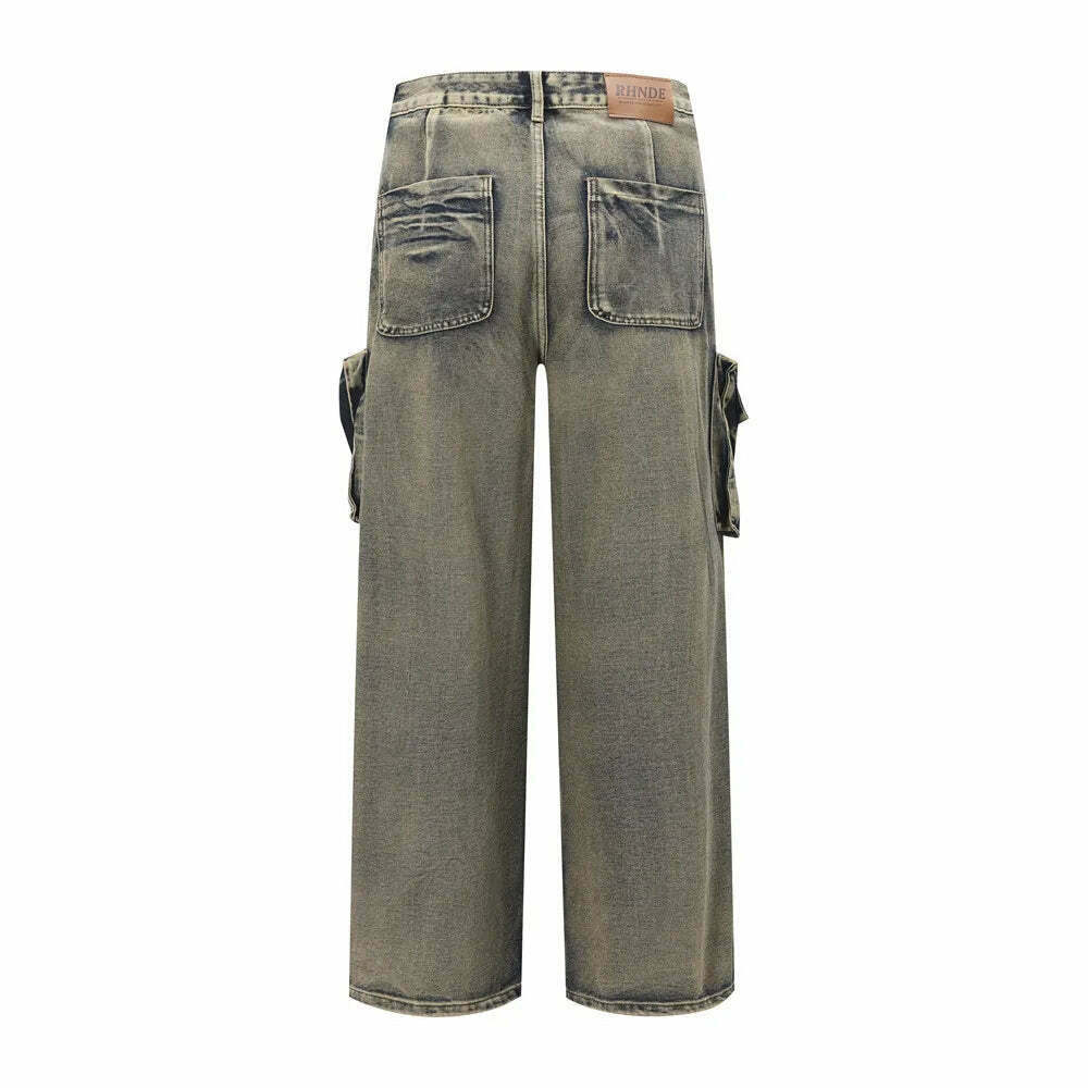 Y2K Grunge Style Dirty Wash Cargo Jeans with Multiple Pockets Y2K Grunge Style Dirty Wash Cargo Jeans with Multiple Pockets