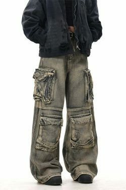Y2K Grunge Style Dirty Wash Cargo Jeans with Multiple Pockets