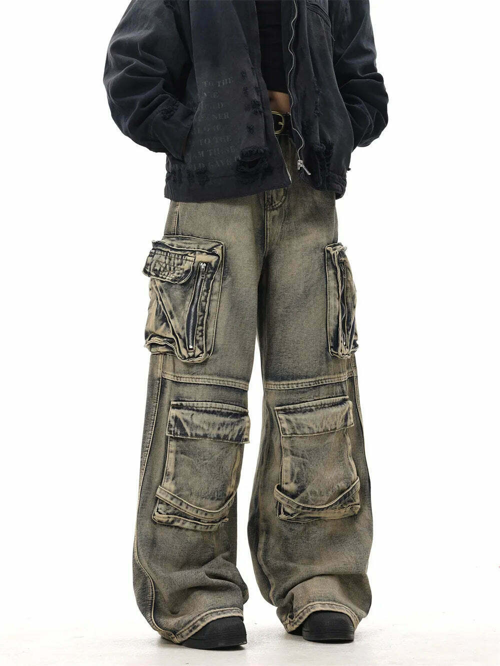 Y2K Grunge Style Dirty Wash Cargo Jeans with Multiple Pockets Y2K Grunge Style Dirty Wash Cargo Jeans with Multiple Pockets