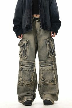 Y2K Grunge Style Dirty Wash Cargo Jeans with Multiple Pockets
