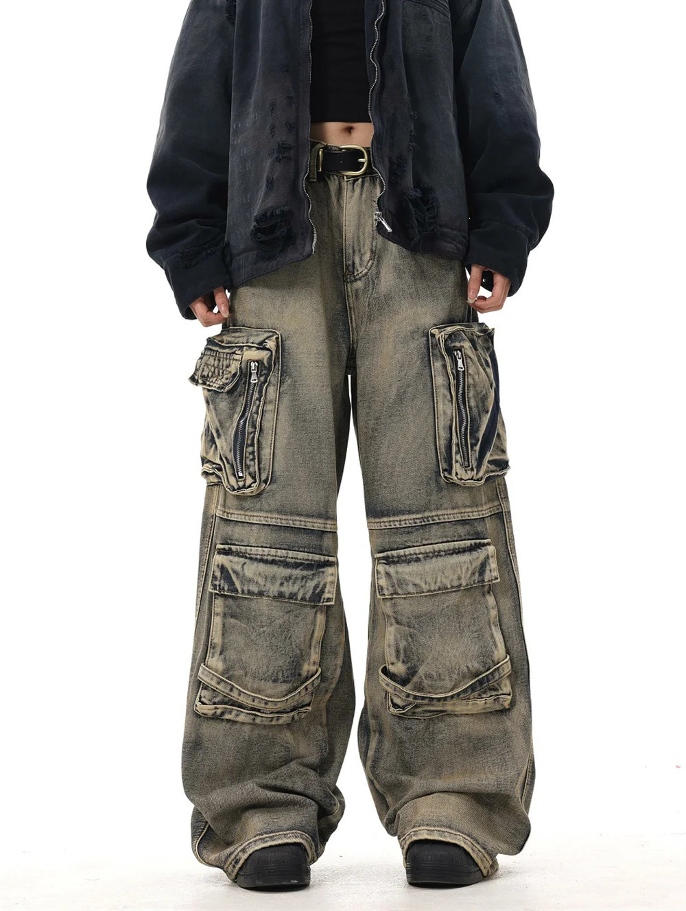 Y2K Grunge Style Dirty Wash Cargo Jeans with Multiple Pockets Y2K Grunge Style Dirty Wash Cargo Jeans with Multiple Pockets