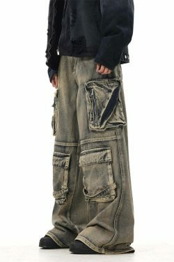 Y2K Grunge Style Dirty Wash Cargo Jeans with Multiple Pockets