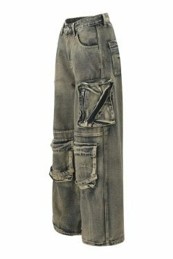 Y2K Grunge Style Dirty Wash Cargo Jeans with Multiple Pockets