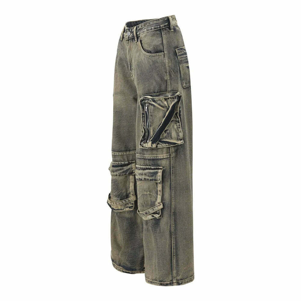 Y2K Grunge Style Dirty Wash Cargo Jeans with Multiple Pockets Y2K Grunge Style Dirty Wash Cargo Jeans with Multiple Pockets