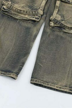 Y2K Grunge Style Dirty Wash Cargo Jeans with Multiple Pockets