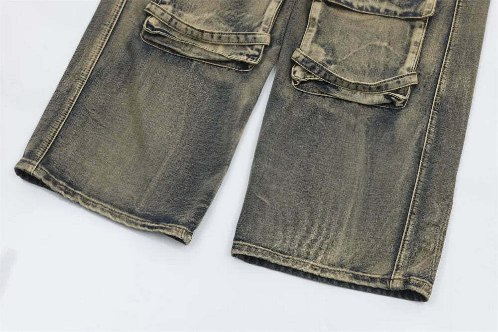 Y2K Grunge Style Dirty Wash Cargo Jeans with Multiple Pockets Y2K Grunge Style Dirty Wash Cargo Jeans with Multiple Pockets