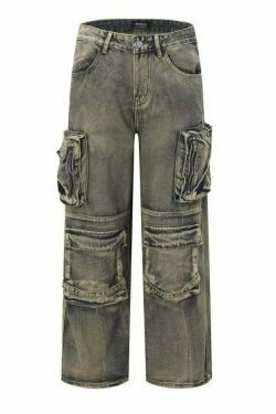 Y2K Grunge Style Dirty Wash Cargo Jeans with Multiple Pockets