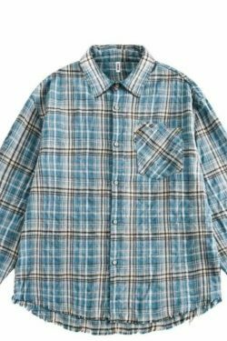 Y2K Grunge Style Distressed Hem Blue Plaid Shirt for Women - Coquette Aesthetic Fashion