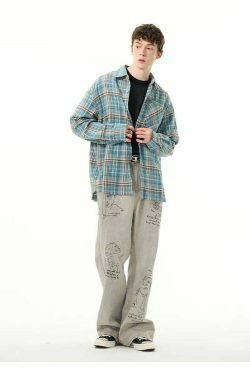 Y2K Grunge Style Distressed Hem Blue Plaid Shirt for Women - Coquette Aesthetic Fashion